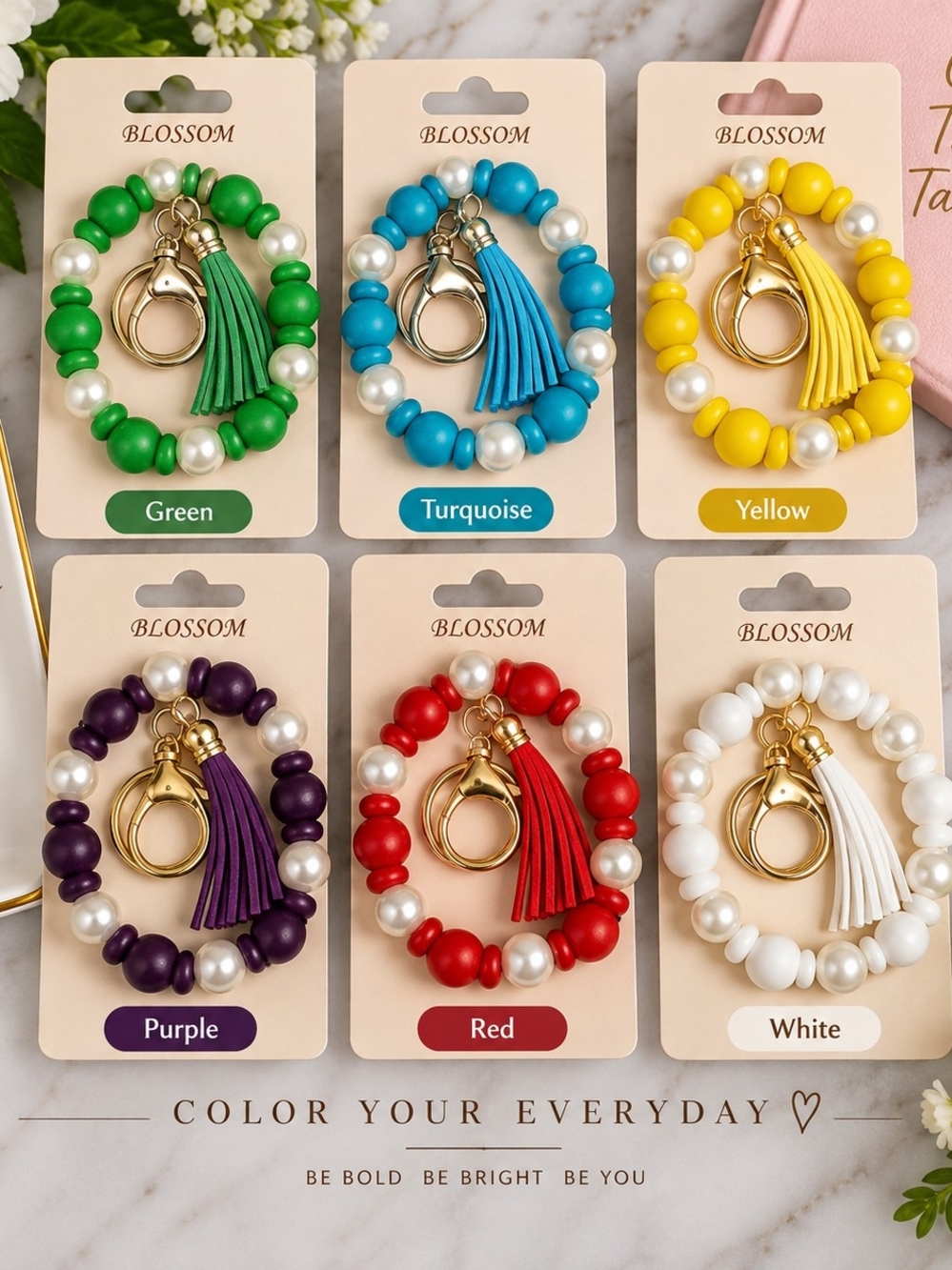Blossom Beaded Bracelet Keychain Wristlet w/ Tassel – Multiple Colors
